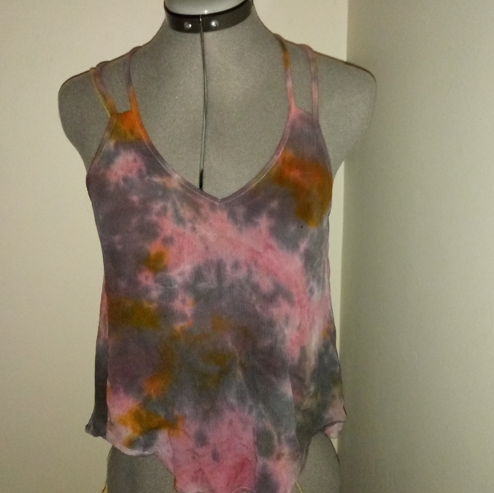 Tie Dye Blouse, Tie Dye Cross Back Blouse, Pink Gray Yellow Tie Dye Tank